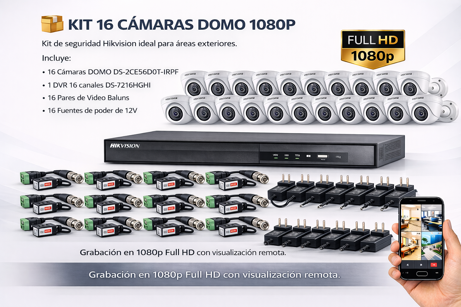 Kit Hikvision 16 Cámaras Domo 1080p Full HD