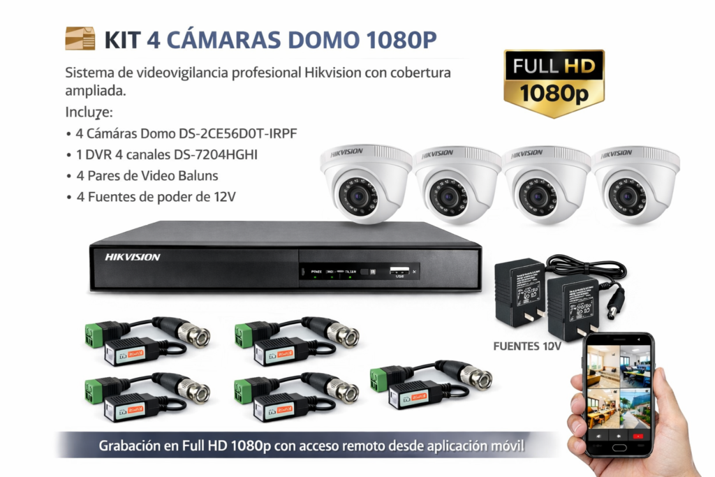 Kit Hikvision 4 Cámaras Domo 1080p Full HD