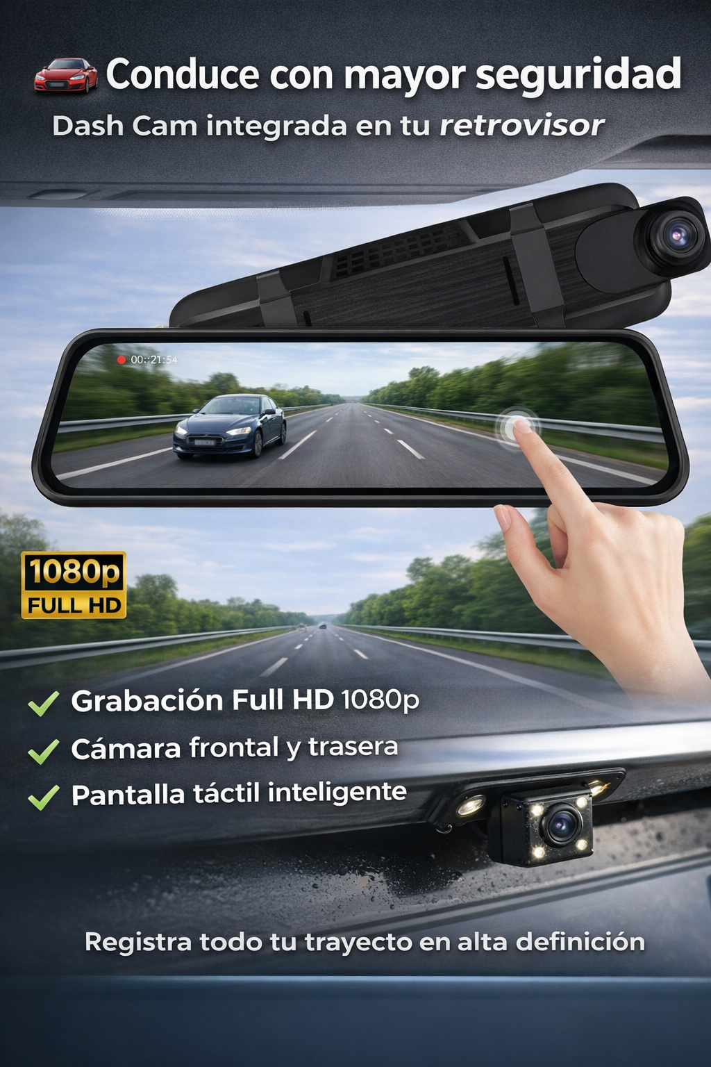 Espejo Retrovisor con Cámara Dual Full HD 1080p | Dash Cam con Pantalla Táctil y Cámara Trasera