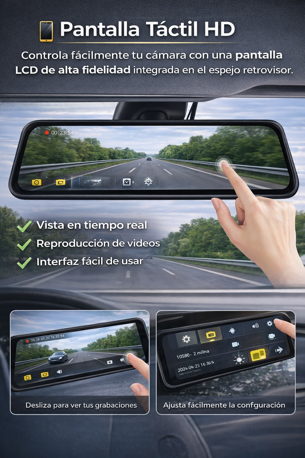 Espejo Retrovisor con Cámara Dual Full HD 1080p | Dash Cam con Pantalla Táctil y Cámara Trasera - Imagen 3