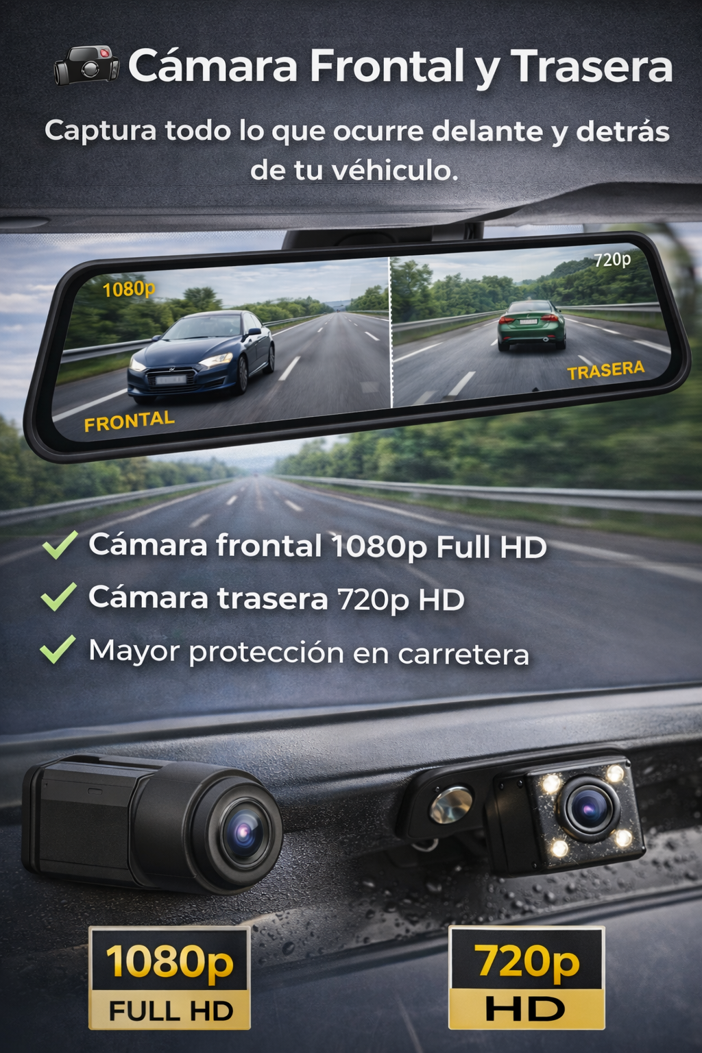 Espejo Retrovisor con Cámara Dual Full HD 1080p | Dash Cam con Pantalla Táctil y Cámara Trasera - Imagen 2